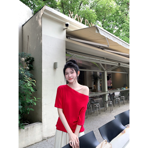 黄亮Elovey 复古摩登 显白树莓红针织两穿短袖T恤上衣女夏季百搭
