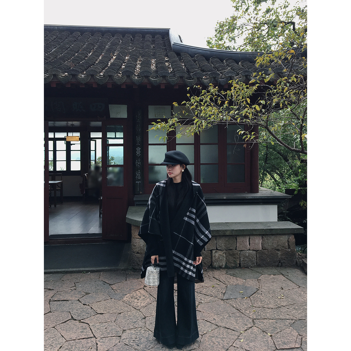 黄亮Elovey 经典格子羊毛两面穿戴帽披肩斗篷双面呢大衣女冬季