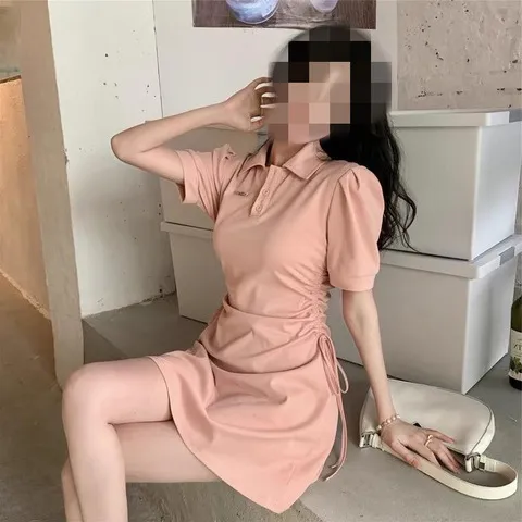 连衣裙显瘦新款甜辣女夏收腰短袖裙子女纯风修身2023polo领欲抽绳