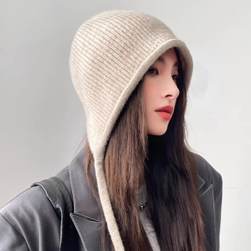 堆堆帽子女款春秋显脸小包头冷大头围月子帽抽绳卷边针织毛线冬季