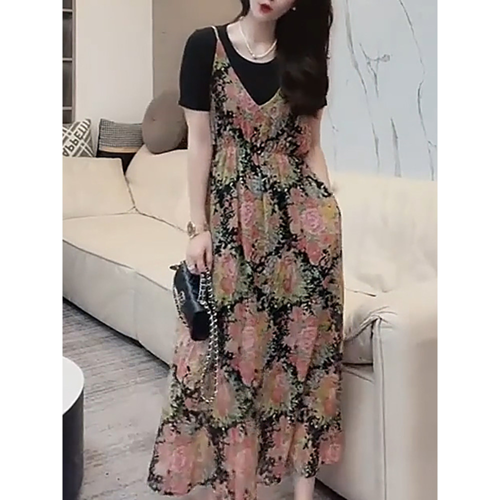 韩版时尚修身连衣裙女2025夏季新款高级感假两件印花拼接圆领连衣