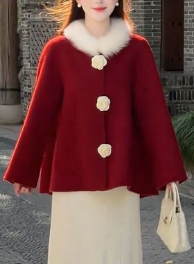 高级感气质千金风红色大衣女装2025冬季新款时尚优雅宽松毛呢外套