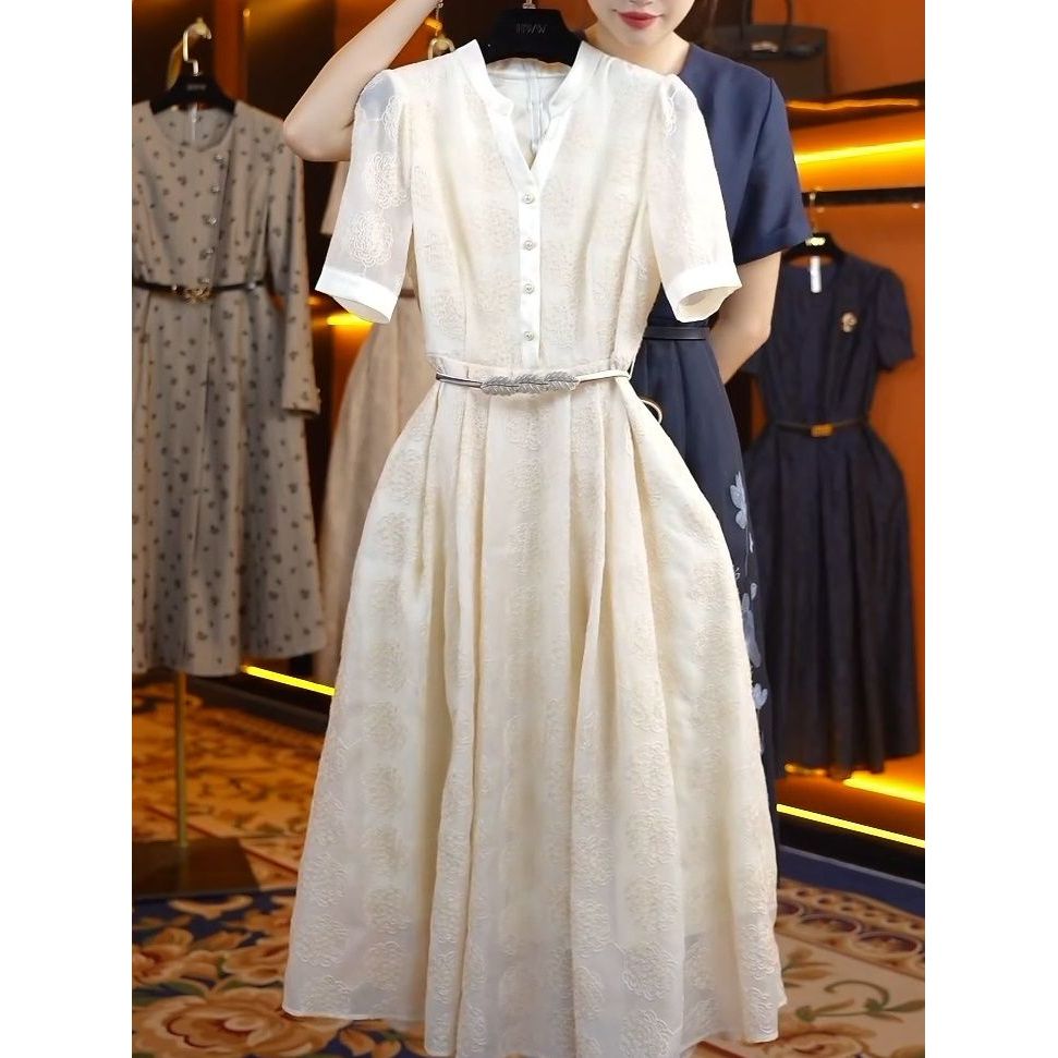 送腰带!时尚轻奢v领短袖连衣裙2025夏季新款高级感气质显瘦A字裙