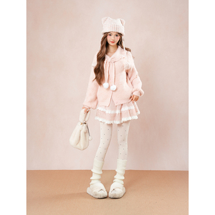 半身裙甜美套装 粉色短款 毛茸茸古着感日系软糯针织开衫 女 软软