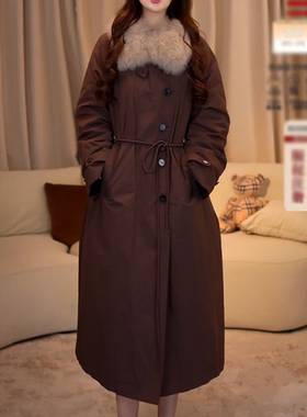 洋气百搭加厚保暖羽绒服外套女2025冬季新款系带纯色宽松长款大衣