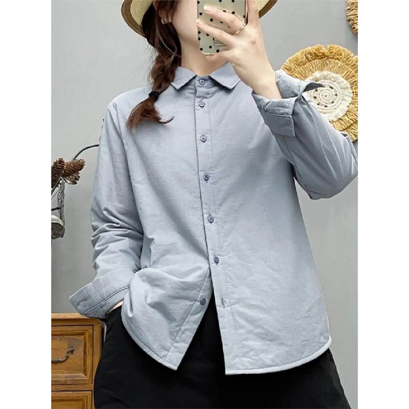 【夹棉衬衣】纯色简约肌理感2025冬季保暖衬衫文艺休闲显瘦外套女