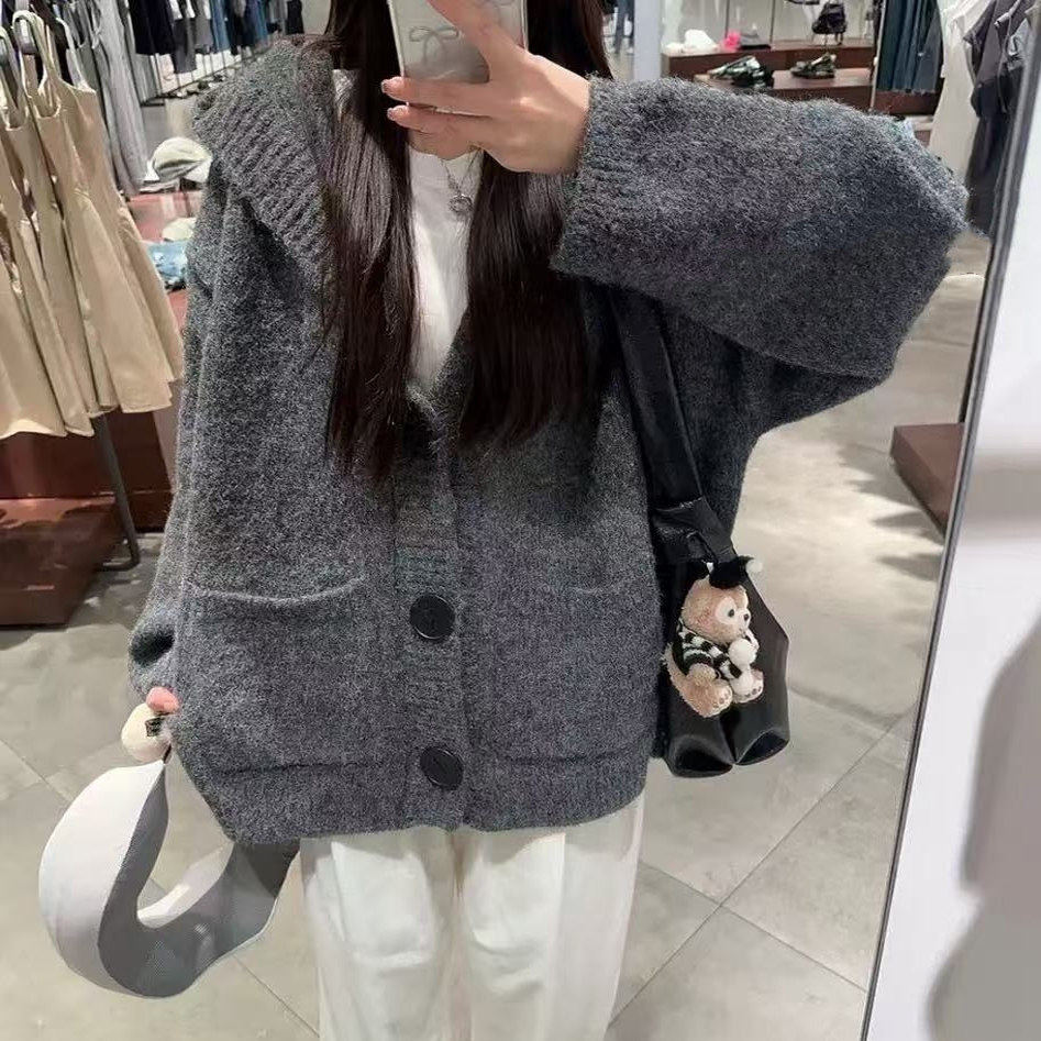 加厚版！慵懒风连帽单排扣毛衣开衫女秋装新款韩版宽松针织衫外套