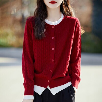 春季新款圆领撞色假两件