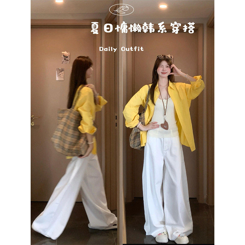 黄色防晒衬衫女新款夏日外套宽松慵懒风衬衫纯棉长袖微胖薄款上衣