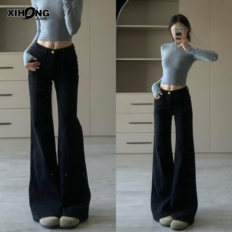 黑色微喇牛仔裤女2025春夏新款高腰显瘦弹力大尺码胖mm拖地喇叭裤