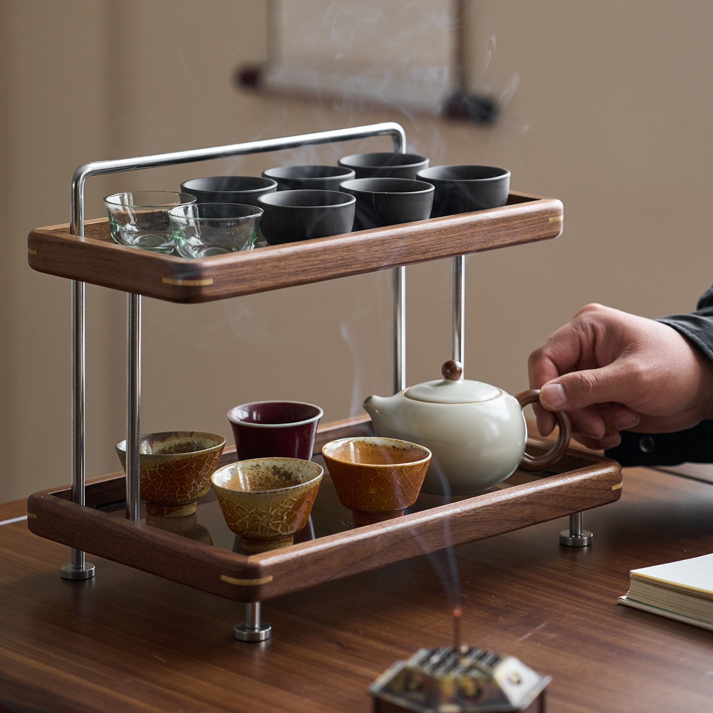 北美黑胡桃木桌面茶具杯子收纳架双层茶杯水杯咖啡架台面置物架子
