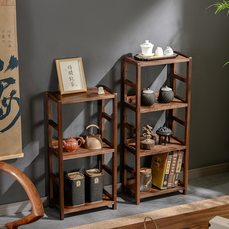 北美黑胡桃木实木置物架落地多层收纳层架客厅家用置物架展示架