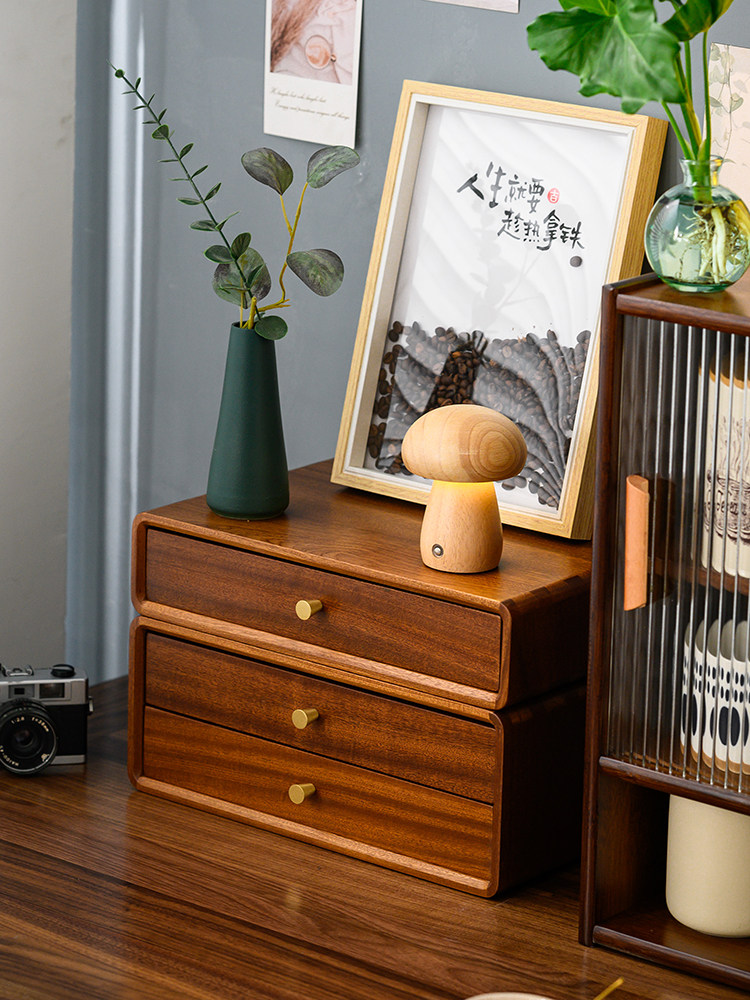 实木多层桌面抽屉收纳盒桌子茶杯架咖啡机收纳架茶具收纳柜