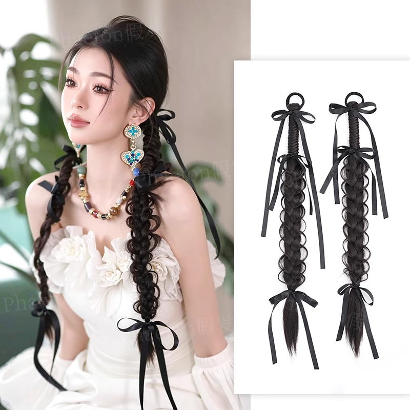 新中式假发辫子女秀禾新娘晨袍造型鱼骨辫扭扭辫丝带编发马尾辫子