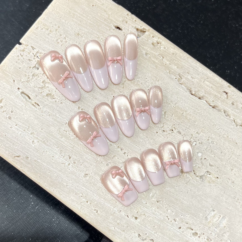 纯手工粉芭蕾光疗穿戴甲甜美风法式少女蝴蝶结粉色猫眼可卸式