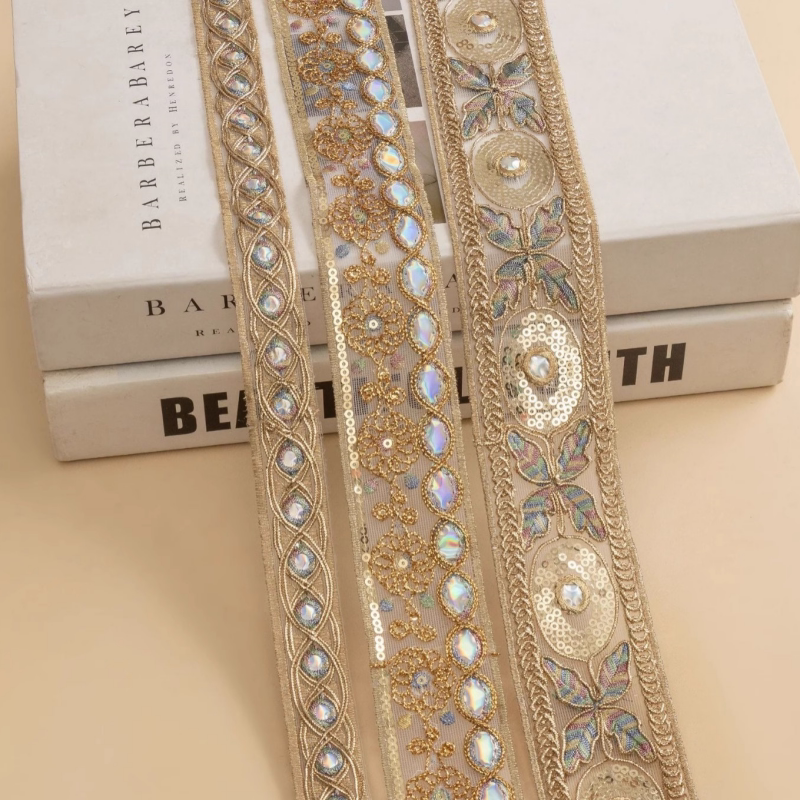 4cm宽古风立体菱形花形珠片织带汉服旗袍手工DIY彩色装饰条码布料