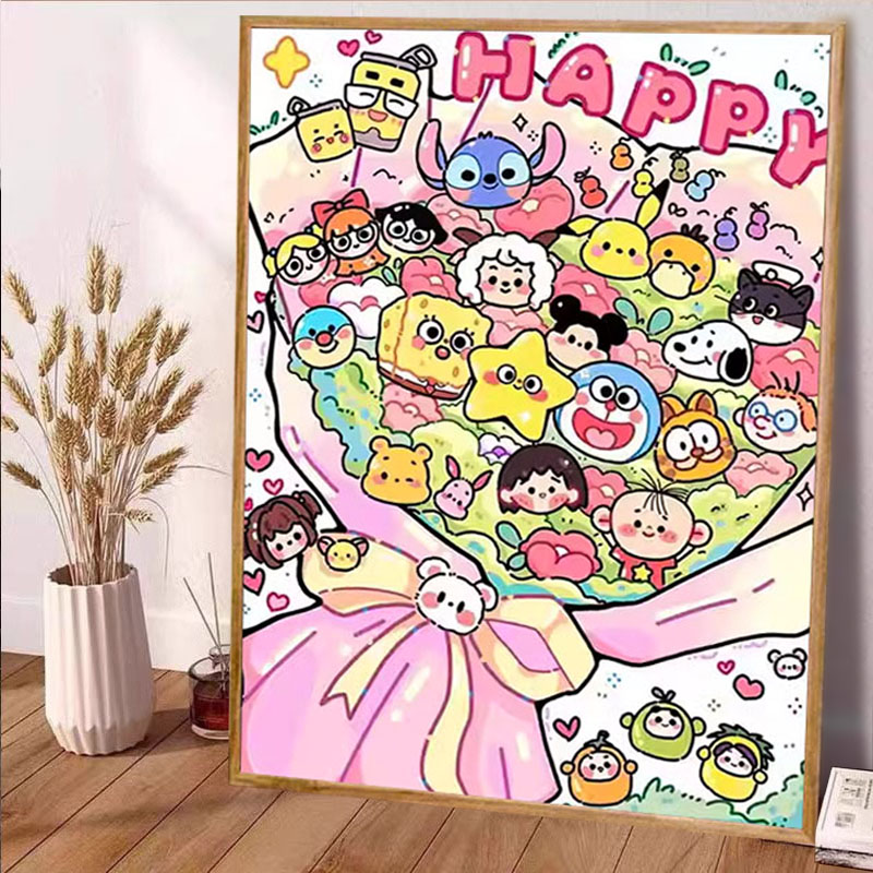 2025新款钻石画卡通花束高难度女孩手工diy带框贴画5d十字绣客厅