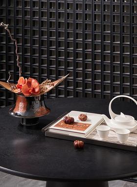 新中式客厅茶几装饰摆饰花托盘纸巾盒陶瓷茶壶软装搭配高级感设计