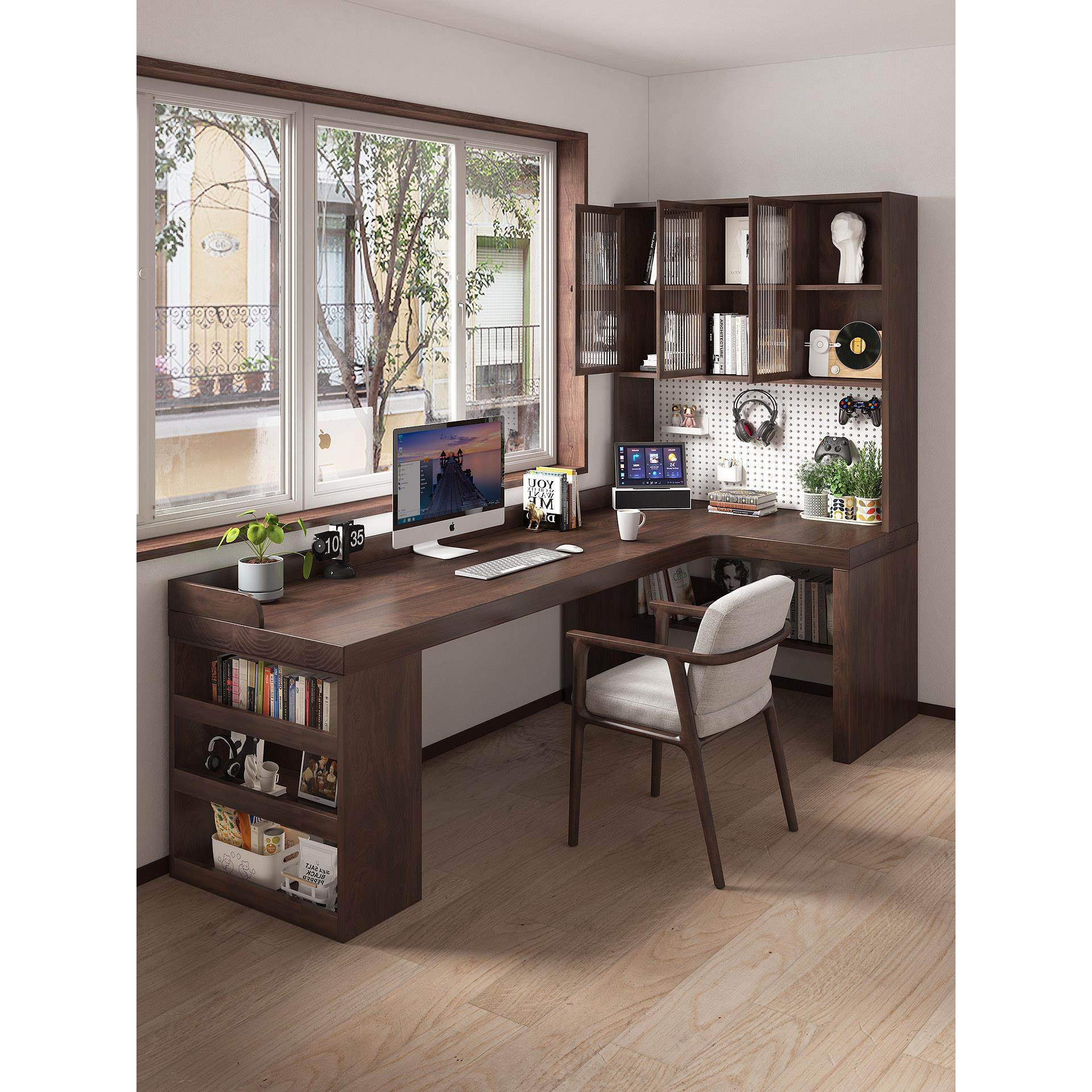 全实木转角书桌书柜一体l型办公工作台式家用拐角电脑桌书架组合,住宅家具,电脑桌,淘宝优惠券,粉丝福利购,淘宝优惠卷