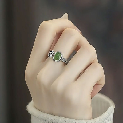 925银如意碧玉元宝开口戒指女