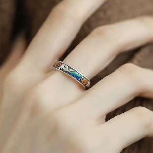 复古925银小狐狸滴釉戒指新中式小众设计珐琅彩九尾狐轻奢食指戒