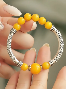 复古925银蜜蜡叶子弯管国风手串