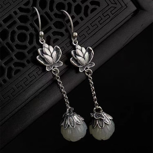 白玉莲花耳坠莲蓬耳钩长款中国风复古宫廷风纯银针不过敏耳饰女款