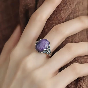 复古925银紫龙晶蝴蝶戒指女新中式国风小众高级感开口可调节指环