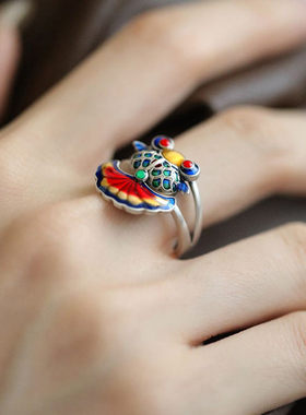 复古925银珐琅金鱼锦鲤戒指女新中式小众设计高级感国风开口指环