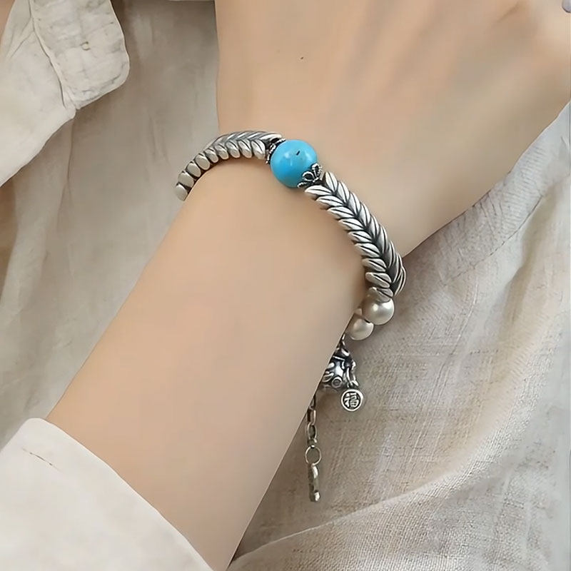 925银麦穗松石手链新中式国风女小众福袋招财纳福鱼尾坠开口手饰,饰品/流行首饰/时尚饰品新,手镯,淘宝优惠券,粉丝福利购,淘宝优惠卷