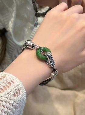 925银鱼纹碧玉平安扣复古手链女