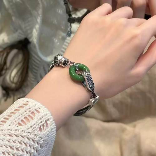 925银鱼纹碧玉平安扣复古手链女