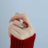 复古925银南红玛瑙椭圆蛋面开口戒指女新中式 高级感小众镂空指环
