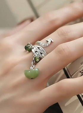 复古925银孔雀碧玉元宝开口戒指