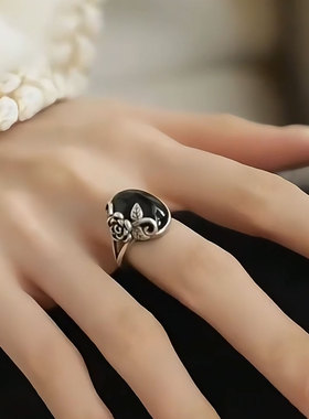925银新中式黑玛瑙玫瑰花戒指女