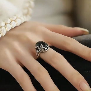 925银黑玛瑙玫瑰花戒指女新中式高级感小众复古开口可调节食指戒