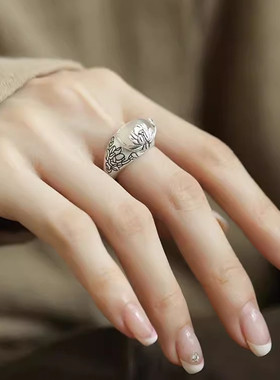 好运莲莲925银民族风白玉髓戒指