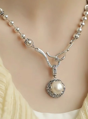 925银繁花珍珠皇冠圆珠毛衣链女