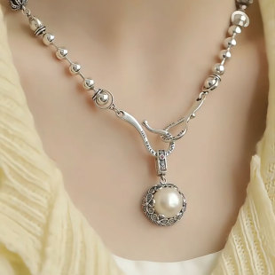 925银繁花珍珠皇冠圆珠吊坠双钩子新中式项链民族风高级感毛衣链