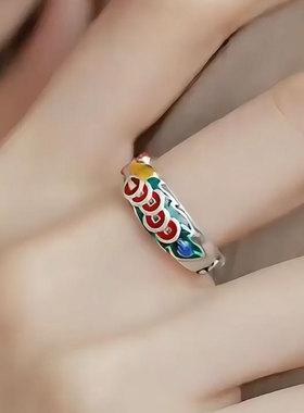 复古925银五帝钱珐琅开口戒指女