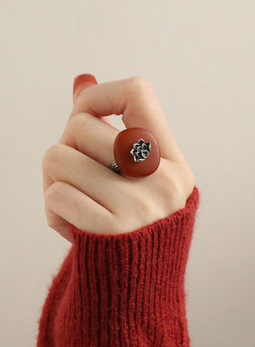 复古925银莲花柿饼开口戒指女