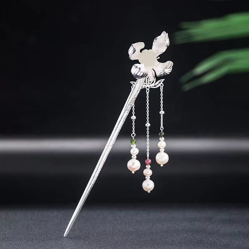 【流连忘返】s925银莲花玉石发簪女古风汉服旗袍复古宫廷步摇簪子