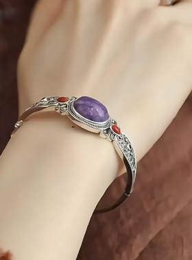 复古925银椭圆紫龙晶祥云纹手镯