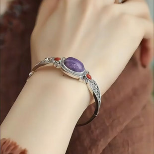 复古925银紫龙晶蝴蝶手镯女新中式国风椭圆祥云纹轻奢开口手环