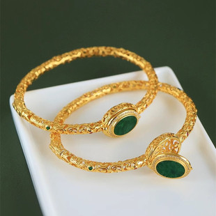 祥云花丝翡翠手镯925银镀金镂空香囊开口 镯子复古新中式小众设计