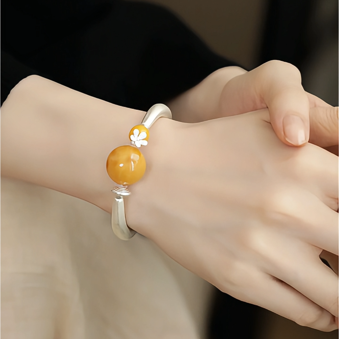 925银新中式蜜蜡小花弯管手镯女