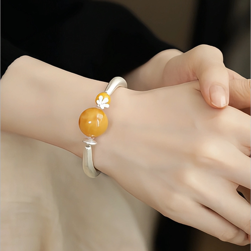 925银新中式蜜蜡小花弯管手镯女