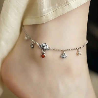 复古925银新中式莲花铃铛脚链女