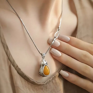 复古蜜蜡白菜吊坠925银新中式国风做旧项坠女气质百搭小众毛衣链