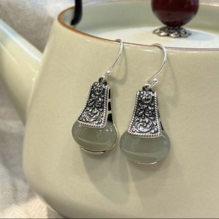 复古925银新中式唐草纹耳环民族风小众高级感和田玉做旧百搭耳饰